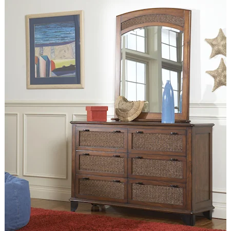 Dresser with Mirror and Woven-Panel Drawer Faces